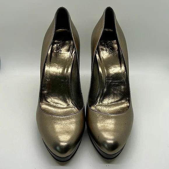 Gucci Authentic Gorgeous Metallic Nappa Silk Block Heel Shoes **Size 7** - Picture 2 of 11